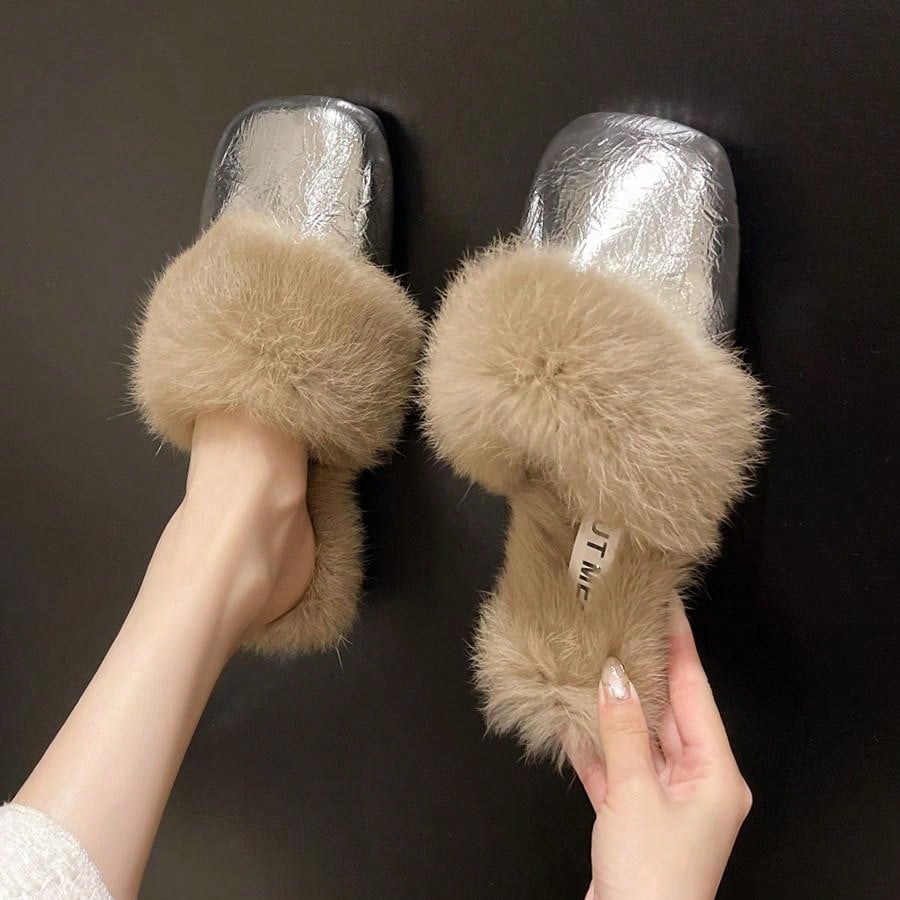 Casual Slip On Mule Slippers For Women, New Round Toe Fluffy Slip-On Slippers, Fashionable Outdoor Wear, Autumn/Winter Silver