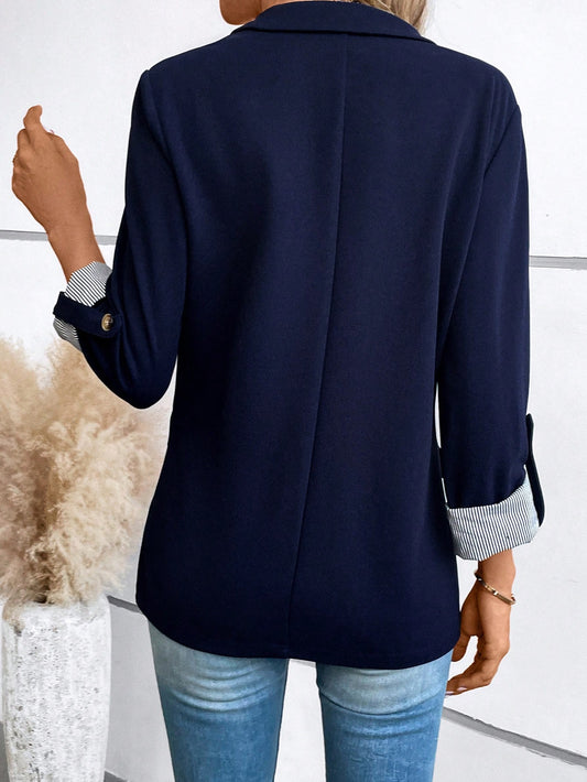 SHEIN LUNE Roll Tab Sleeve Single Button Blazer Office Attire For Women Business Casual Woman Navy Blue