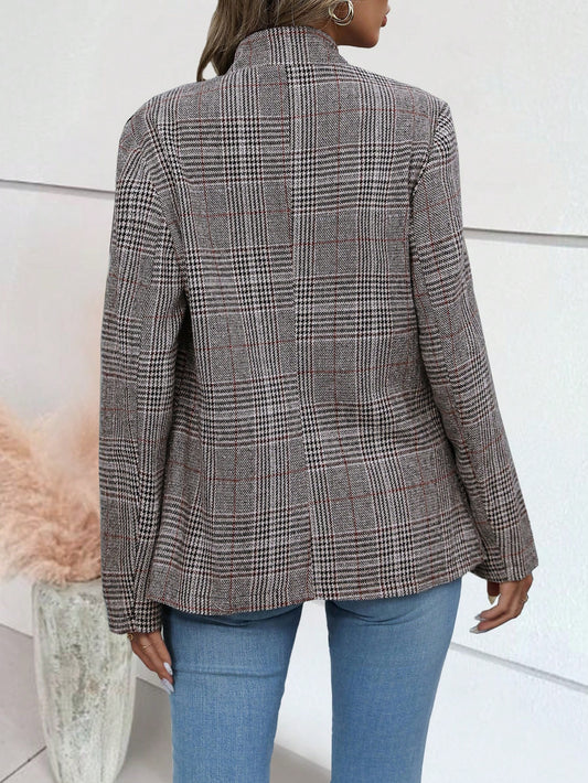 SHEIN Clasi Women Elegant Commuter Blazer Jacket, Plaid Pattern, Autumn Grey