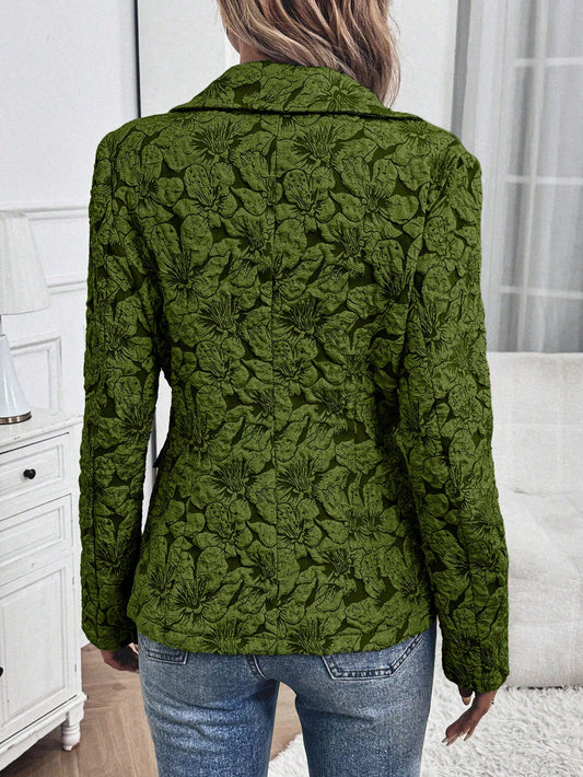 SHEIN Clasi Women Floral Jacquard Lapel Collar Long Sleeve Elegant Blazer Jacket, Autumn Dark Green